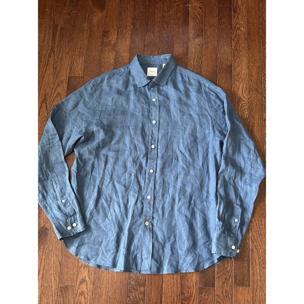 Swims Linen Shirt mens Medium‎ Solid Blue Long Sleeve